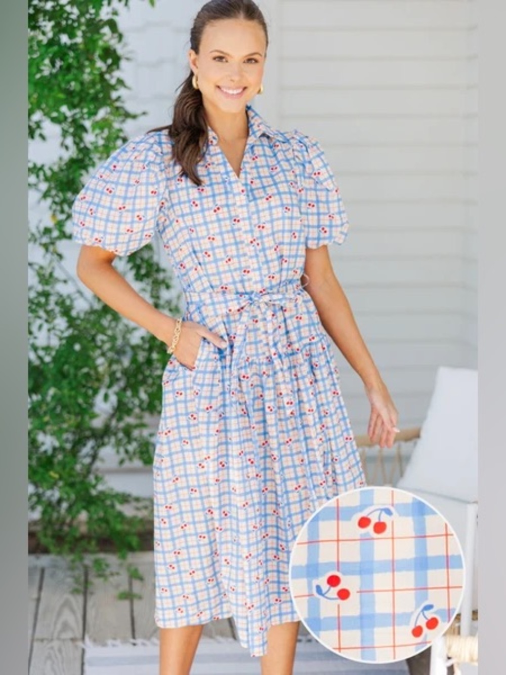 Pinch Light Blue Cherry Plaid Midi Shirt Dress 🍒